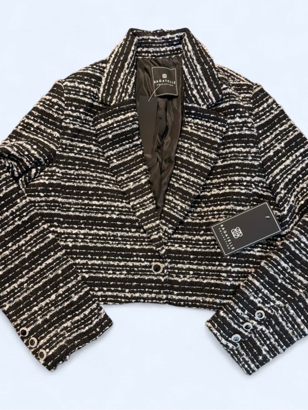 bagatelle Black & White Striped Textured Cropped Blazer
